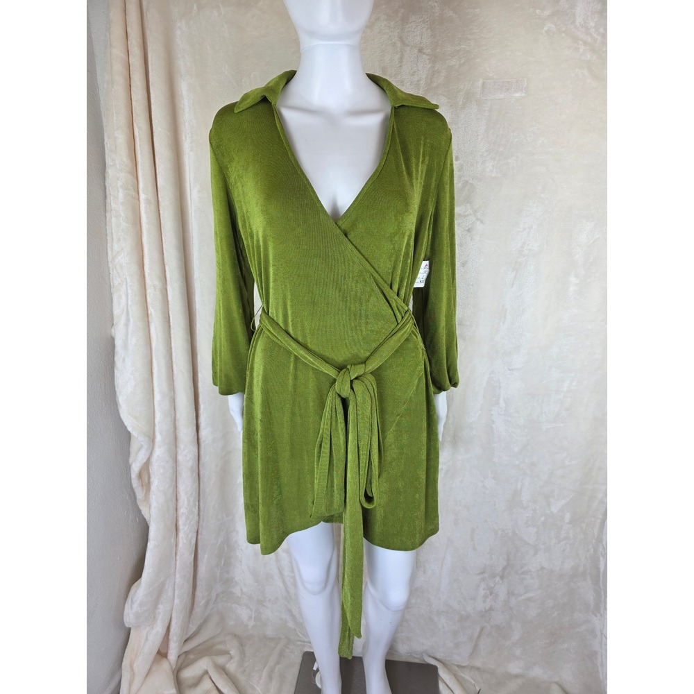 Princess Polly Party Time Mini Dress Green Wrap V-Neck Long Sleeve US 2 AU 6